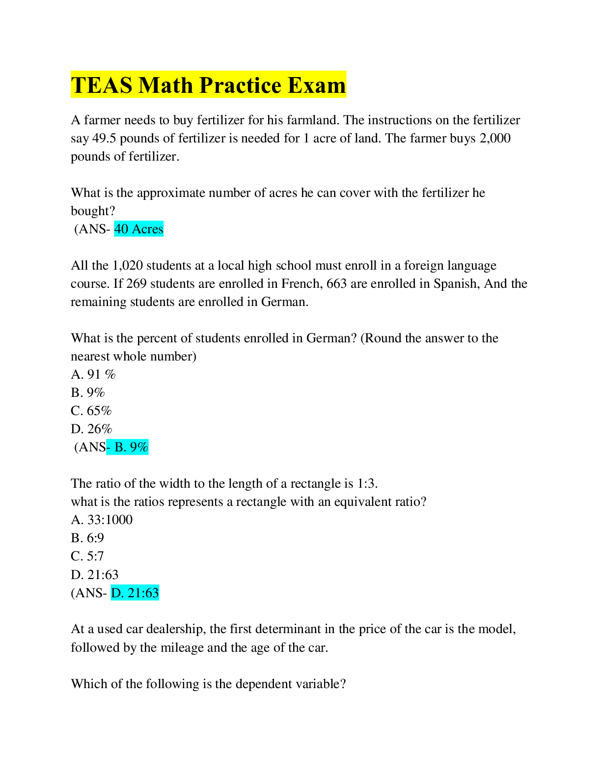 ATI TEAS 7 Math Practice Exam/Questions & Answers/Guaranteed/A+Guide
